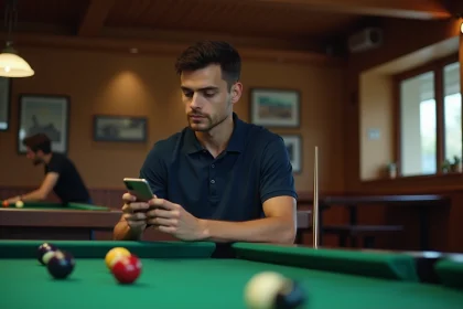 Jeune homme au billard regardant son smartphone