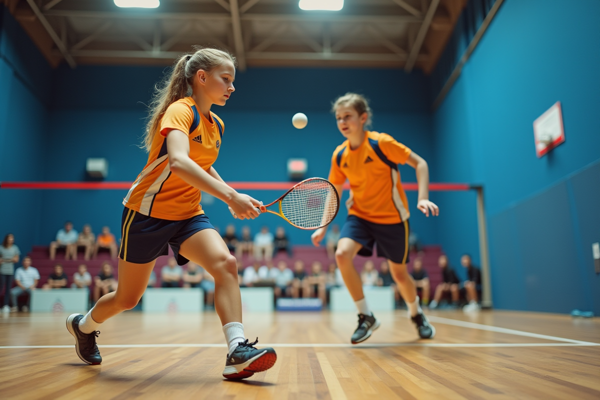 Jeune fille et garçon en match de squash rapide