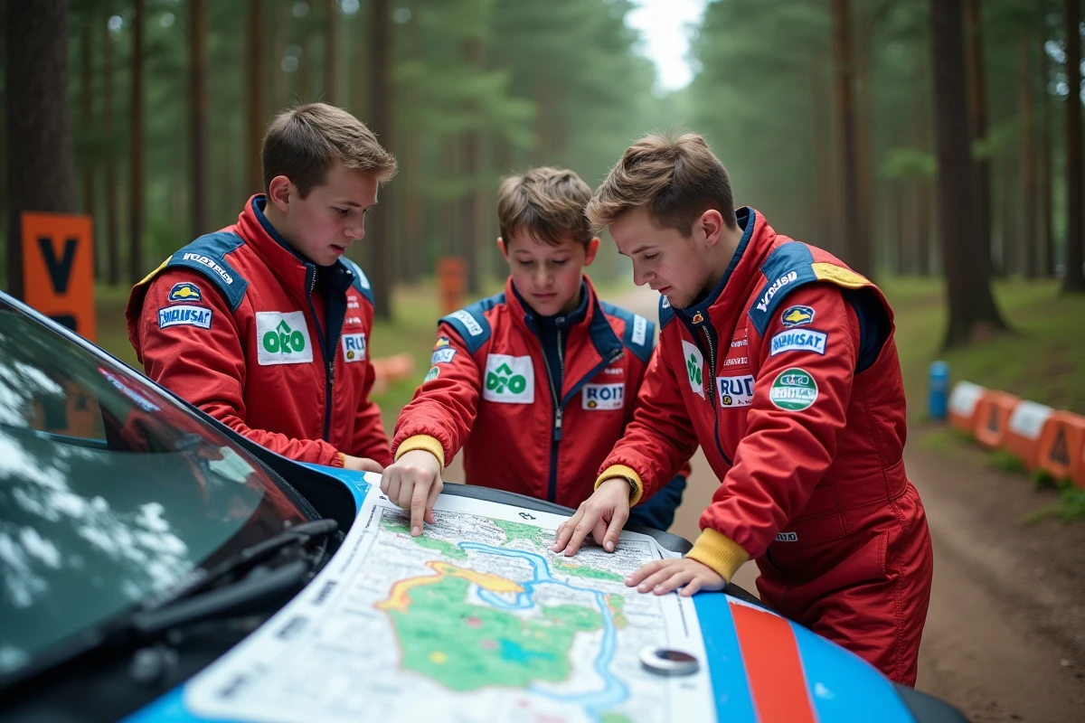 Groupe de jeunes pilotes de rallye mixte étudiant une carte d'étape spéciale en forêt lors d'un calendrier de compétition 2026