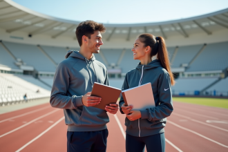 Jeune homme et femme en tenue de sport discutant sur piste