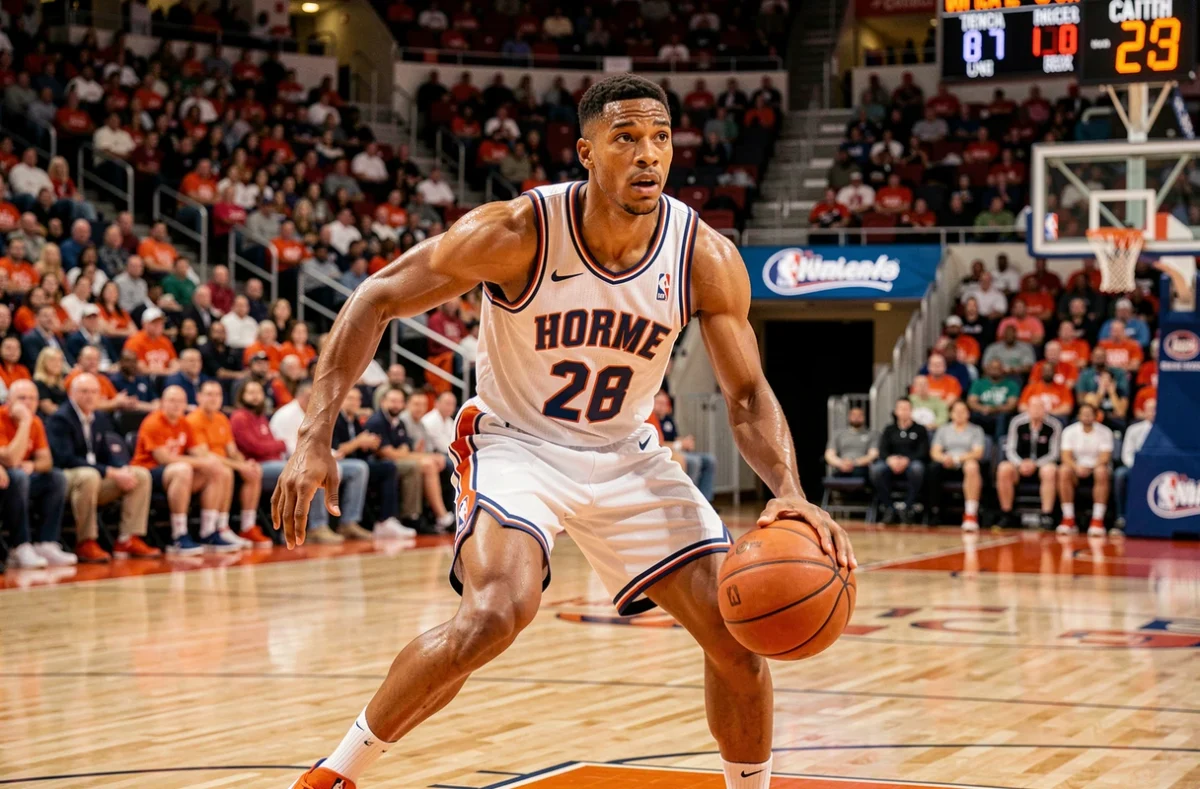 Joueur de basket professionnel en plein dribble lors d'un match de saison régulière NBA, avec le chronomètre visible en arrière-plan
