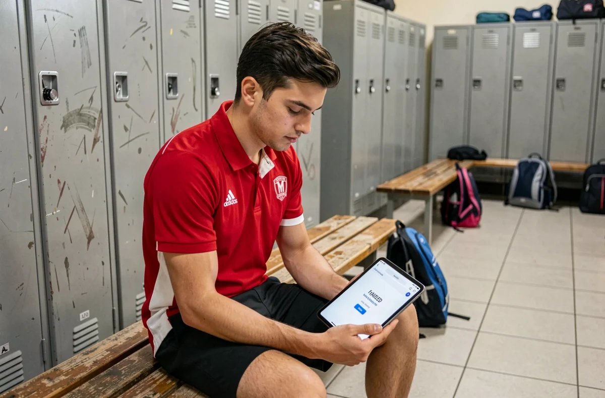 Joueur de football consultant une erreur de connexion Footclub FFF sur une tablette dans un vestiaire