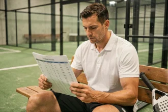 Joueur de padel consultant un classement de points P100 sur une feuille imprimée au bord d'un court intérieur