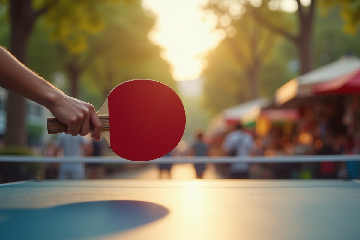 Jeune joueur avec raquette de pingpong en plein air dans un parc urbain