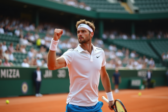 Joueur de tennis en pleine action sur terre battue avec stade Masters 1000