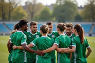 Groupe de joueurs de football amateurs du 91 en huddle sur un terrain de l'Essonne portant des maillots verts et blancs de la FFF 91