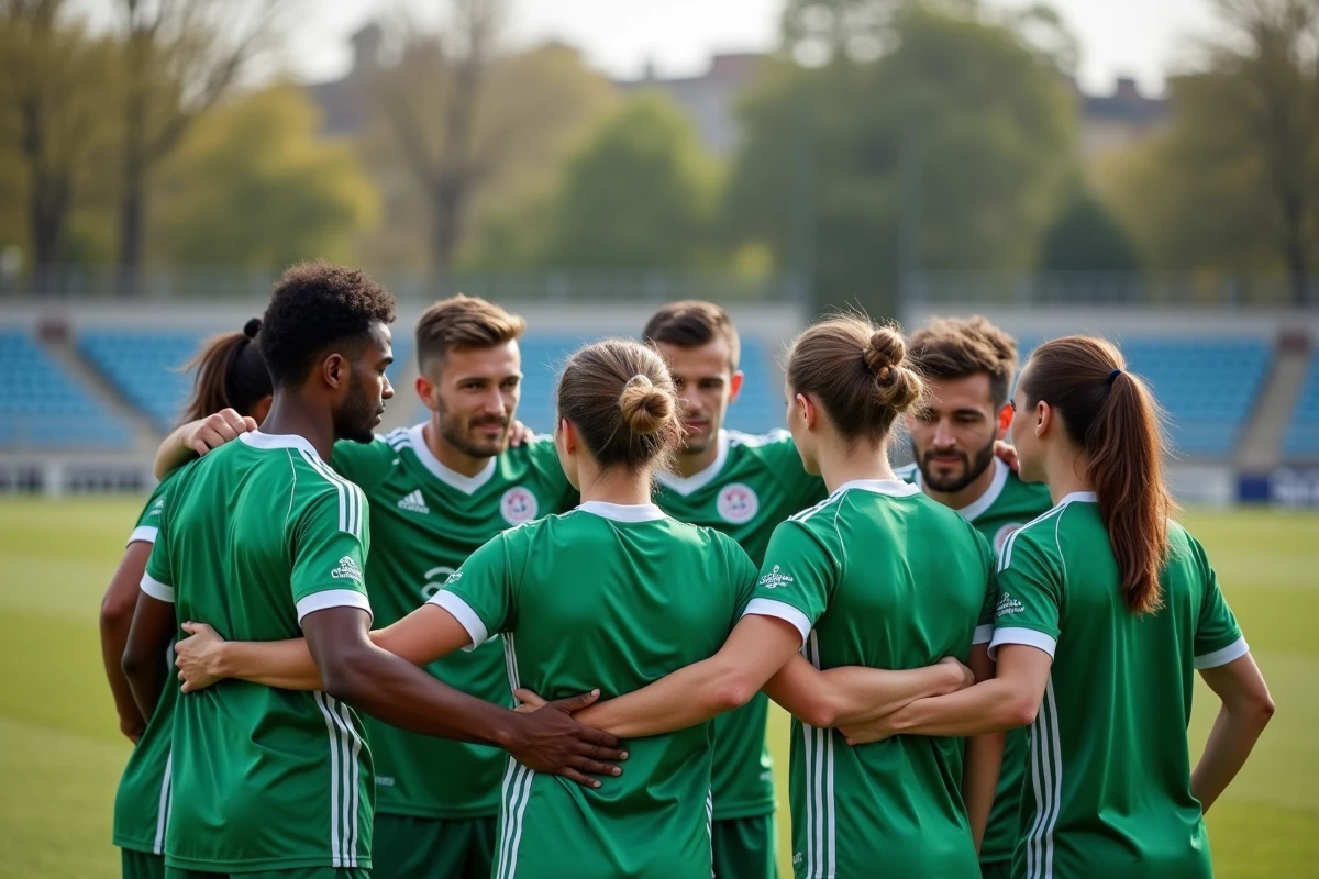 Groupe de joueurs de football amateurs du 91 en huddle sur un terrain de l'Essonne portant des maillots verts et blancs de la FFF 91