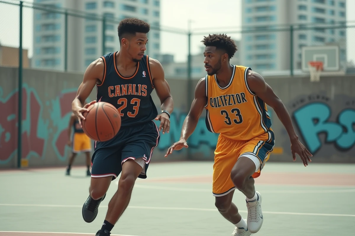 Deux joueurs de basket en extérieur urbain
