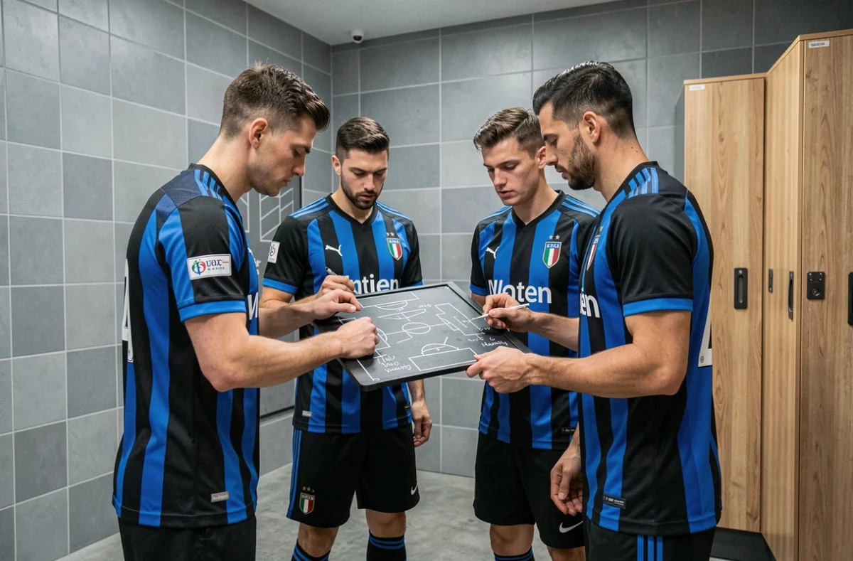 Joueurs de l'Inter de Milan analysant un schéma tactique dans le vestiaire avant un match de Ligue des Champions