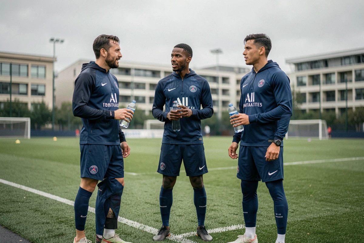Joueurs du PSG en tenue d'entraînement discutant en bord de terrain après une séance