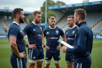 Joueurs de rugby National 2 en réunion tactique sur le terrain d'entraînement lors d'un recrutement de club