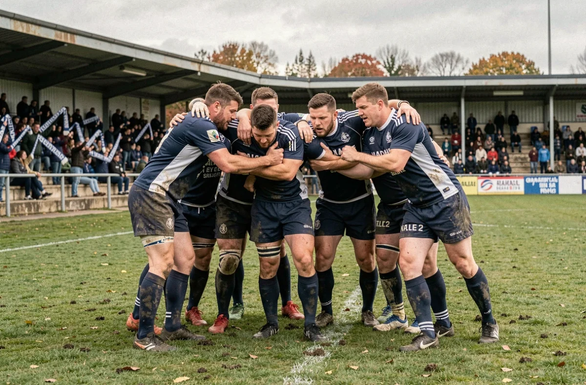 Joueurs de rugby en formation avant un match de Nationale 2, maillots bleu marine et blanc dans un stade régional français