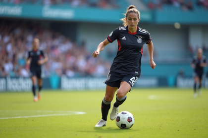 Jeune femme en action sur le terrain de football