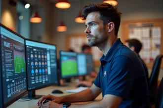 Journaliste sportif analysant les actualités du FC Barcelone sur un ordinateur dans une salle de rédaction moderne