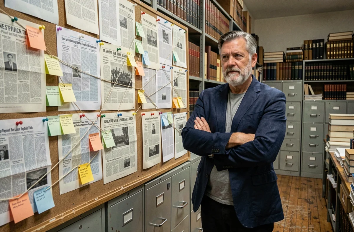 Journaliste senior examinant un tableau éditorial avec articles et partis pris d'une revue indépendante