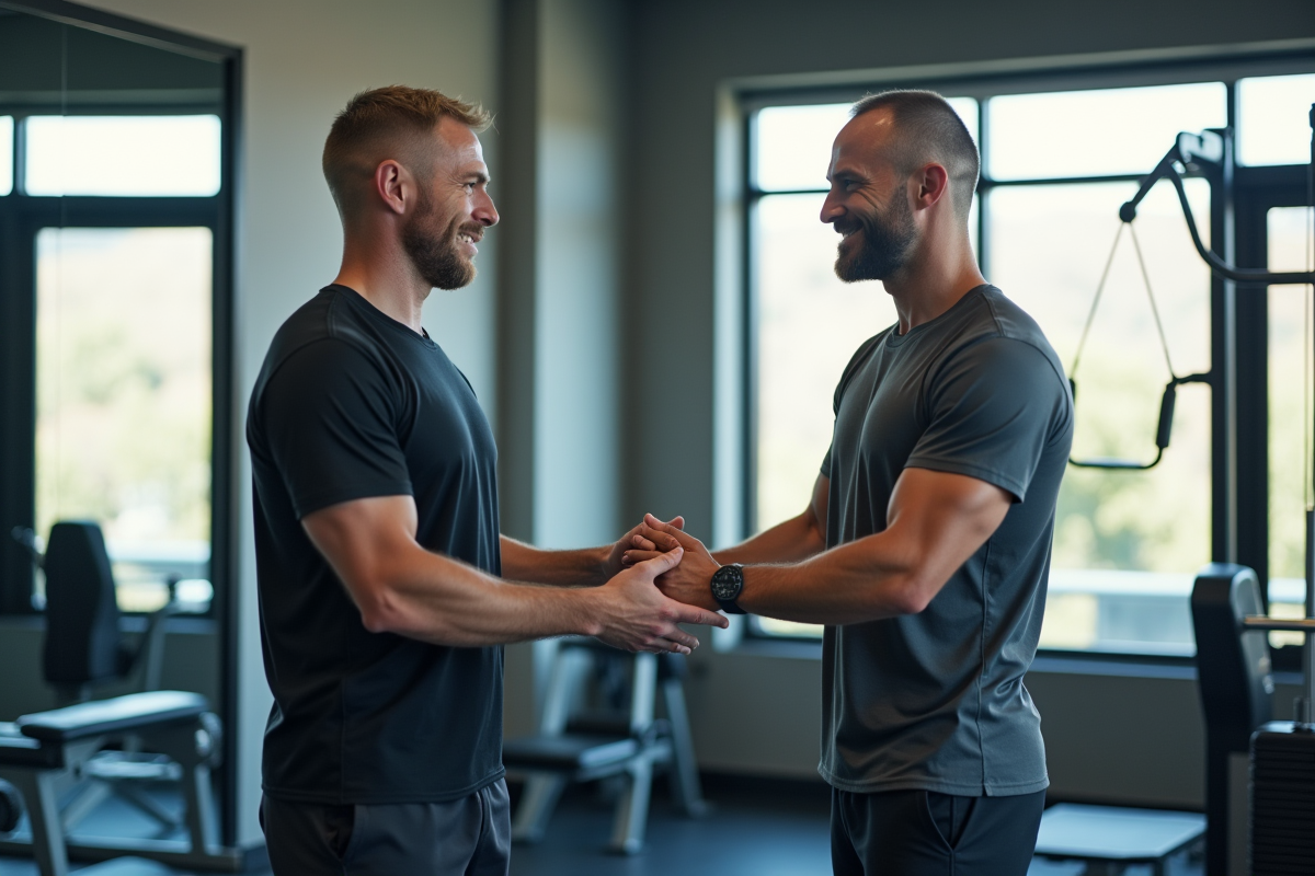 Physiothérapeute sportif conseillant un homme dans une salle de sport
