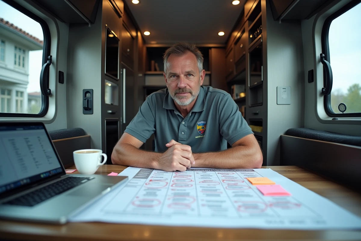 Manager d'équipe de rallye planifiant la saison 2026 sur un calendrier imprimé annoté dans un motorhome