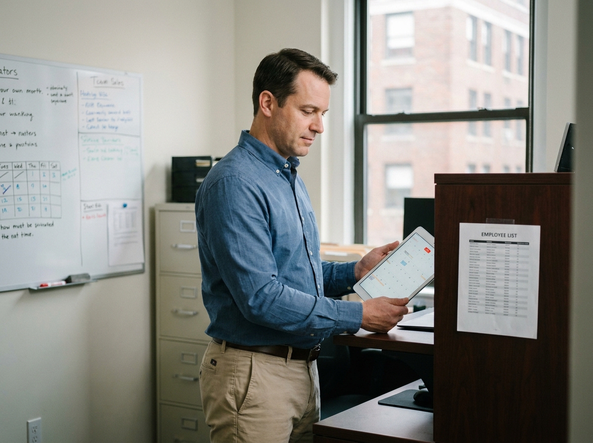 Manager consultant un outil de planification des visites médicales sur tablette dans son bureau