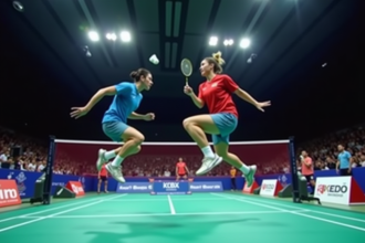 Match de badminton intense lors des championnats d'Europe avec athlètes en plein saut