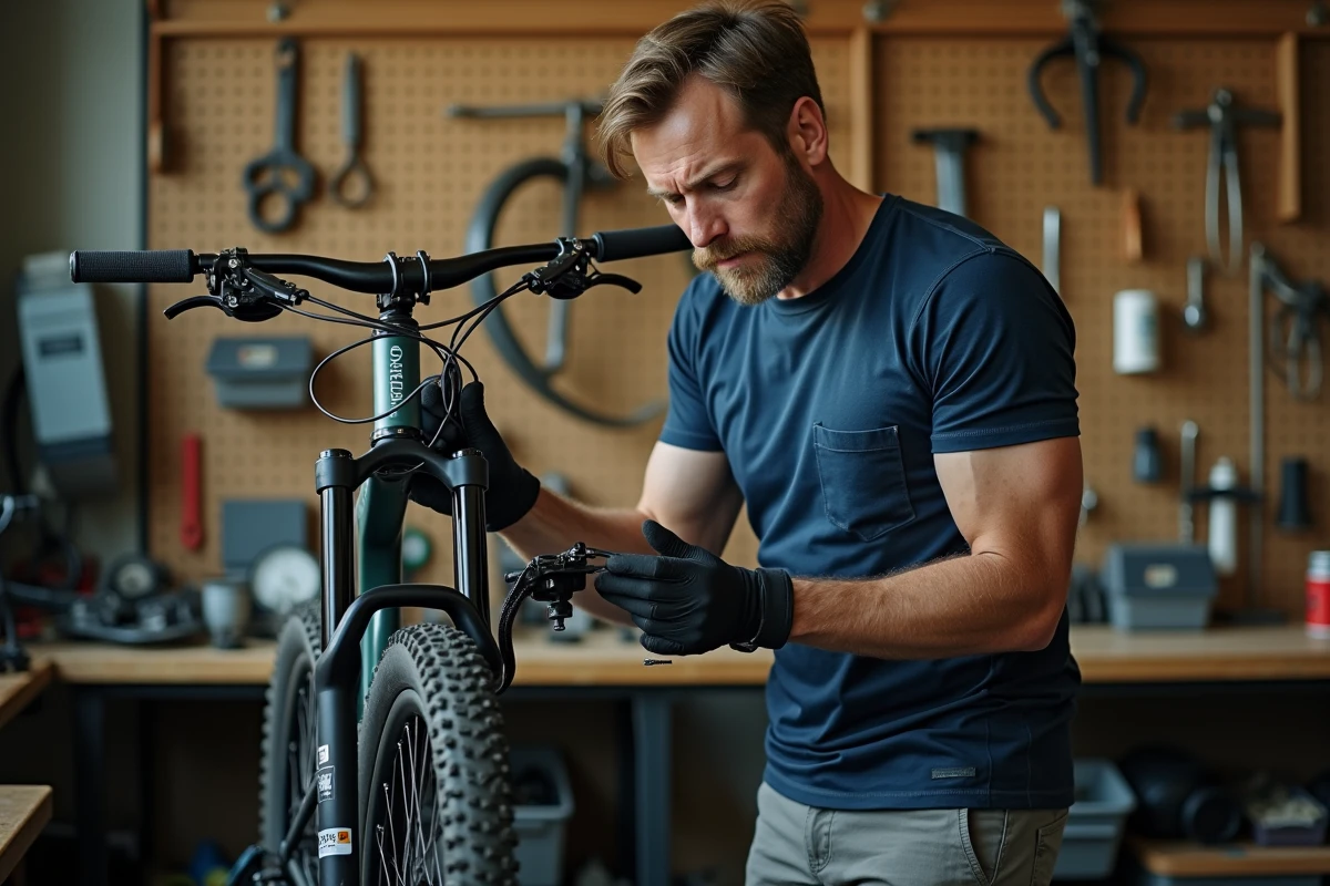Mécanicien vélo inspectant une fourche Manitou Comp dans un atelier de réparation professionnel