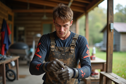 Jeune motocross rider nettoie une chaine de dirt bike 125cc