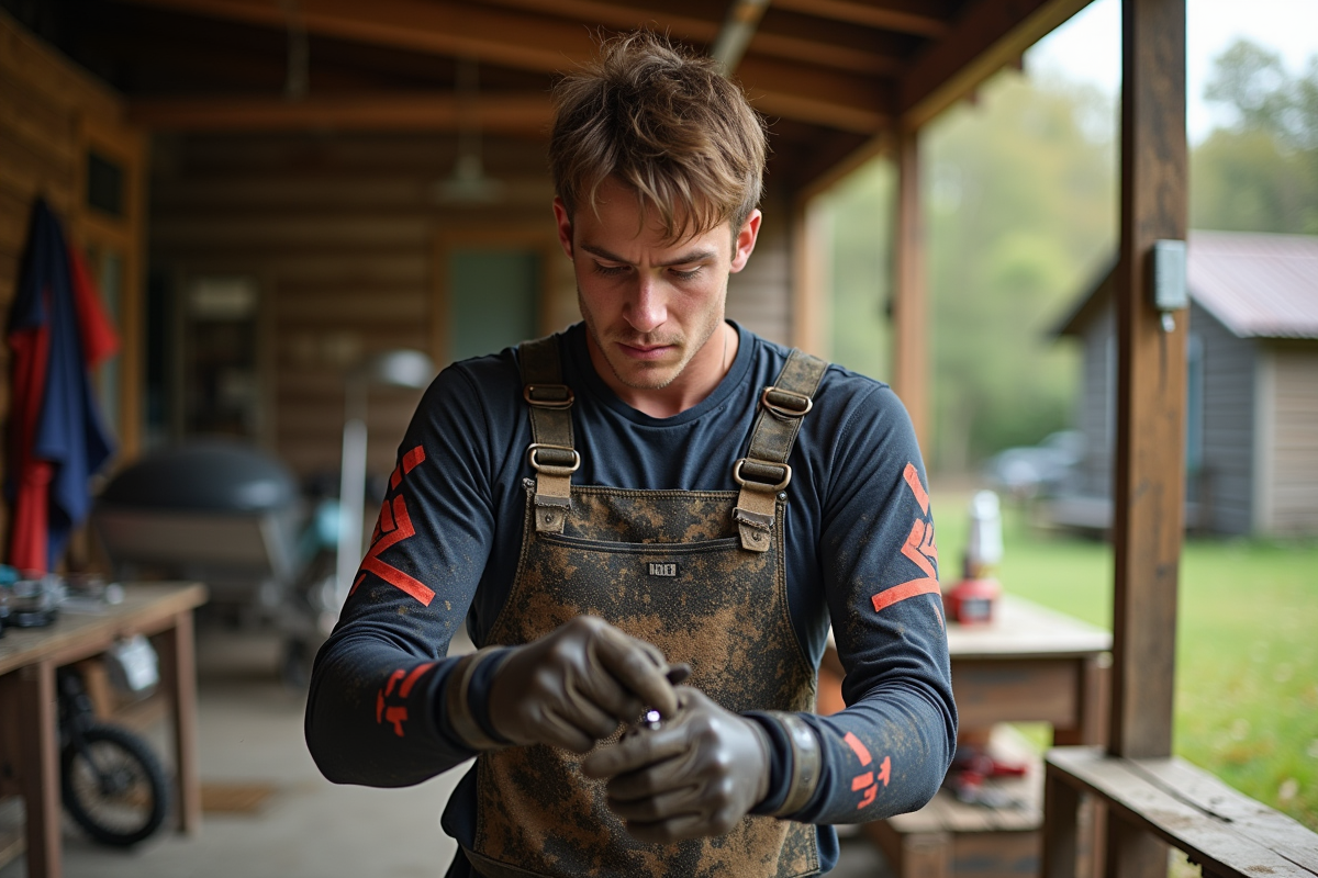 Jeune motocross rider nettoie une chaine de dirt bike 125cc