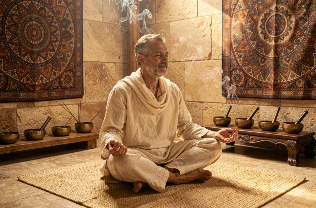 Homme en méditation dans le studio Namachandra avec décoration inspirée de l'Inde, bols tibétains et tapisseries mandala