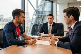 Joueur du PSG en négociation salariale avec des dirigeants du club dans un bureau parisien moderne