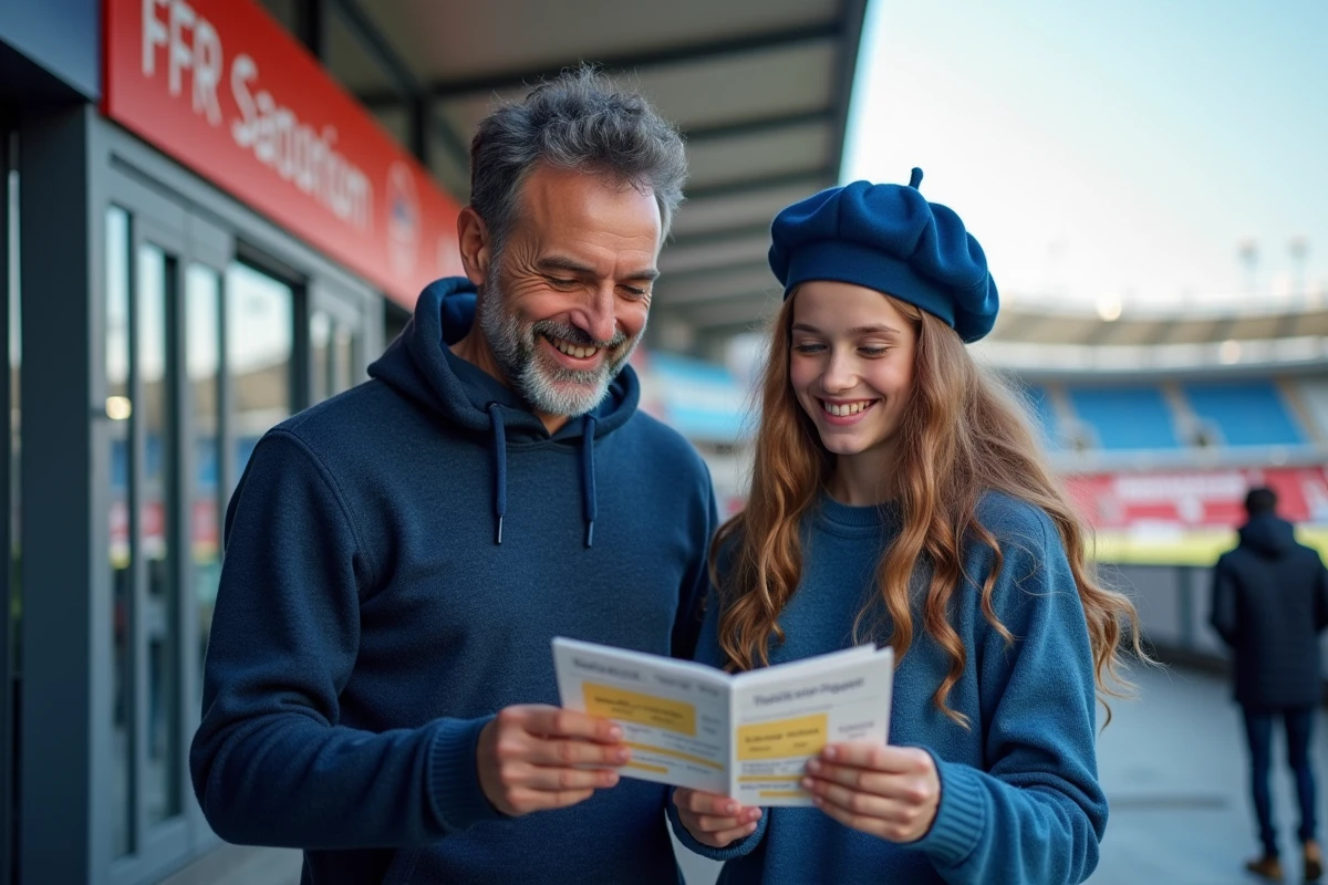 Père et fille regardant leurs billets de rugby dehors
