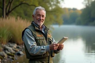 Pêcheur tenant son permis de pêche 2026 au bord d'une rivière française