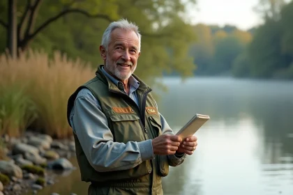 Pêcheur tenant son permis de pêche 2026 au bord d'une rivière française
