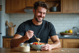 Homme en tenue de sport préparant un bol de porridge coloré