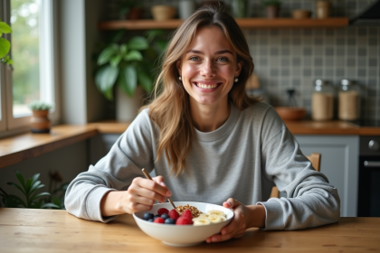 Jeune femme mangeant un bol d'avoine aux fruits frais