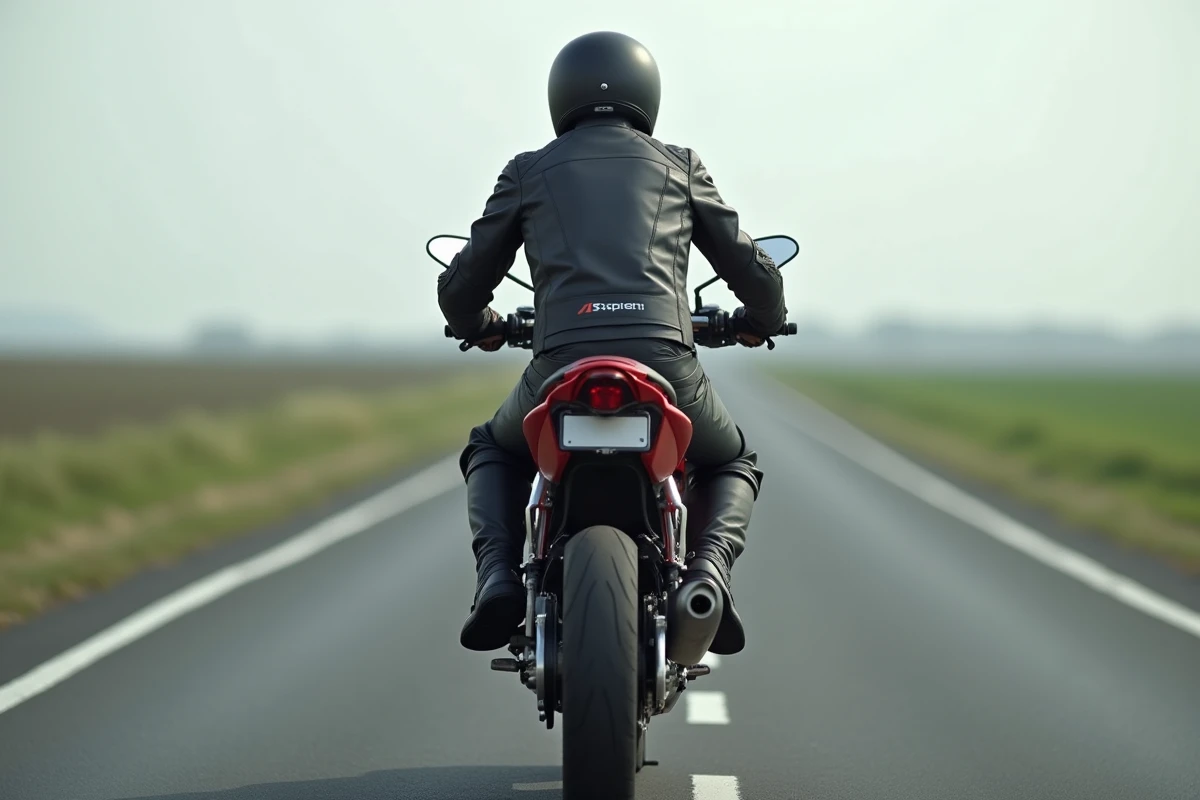 Pilote en équipement complet sur une Aprilia RS 125 en position de conduite sportive sur route droite