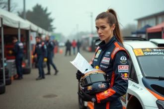 Jeune pilote féminine de rallye consultant ses notes de navigation dans le parc d'assistance avant une épreuve spéciale