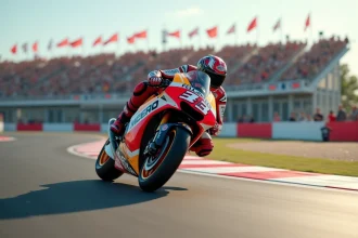 Pilote MotoGP en pleine action dans un virage serré sur circuit, combinaison de course couverte de logos sponsors, moto prototype en fort angle d'inclinaison