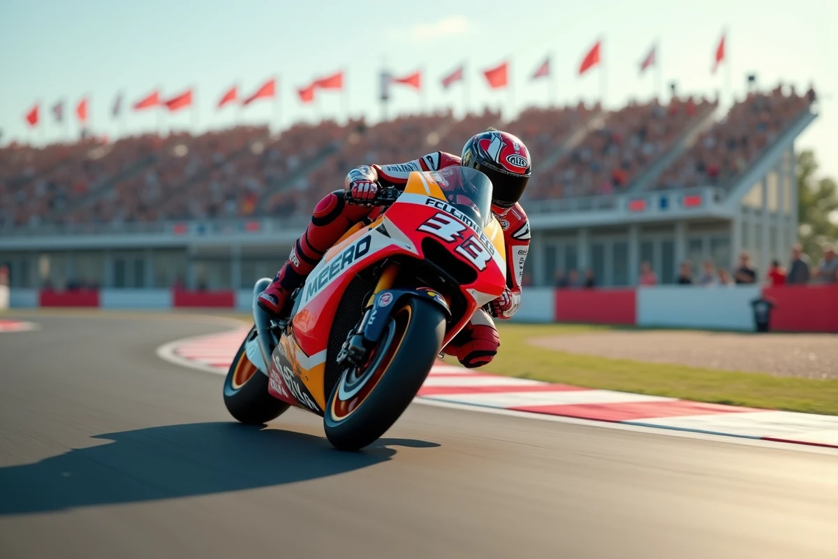 Pilote MotoGP en pleine action dans un virage serré sur circuit, combinaison de course couverte de logos sponsors, moto prototype en fort angle d'inclinaison