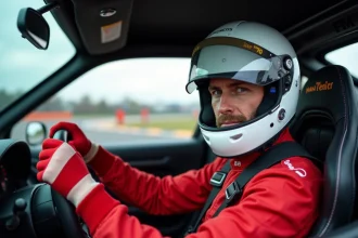 Pilote adulte concentré au volant d'une voiture de piste lors d'un stage de pilotage sur circuit automobile