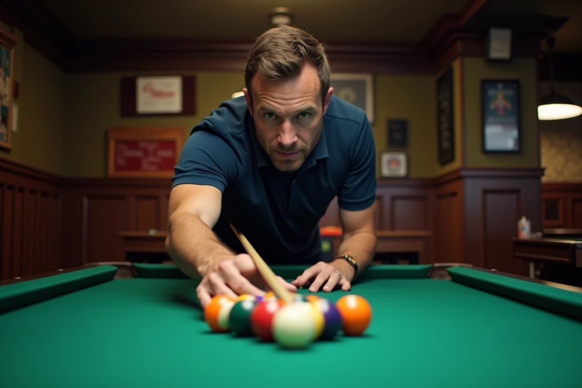 Joueur de billard positionnant la bille blanche avant un break, démontrant l'ordre de placement des boules sur un tapis vert