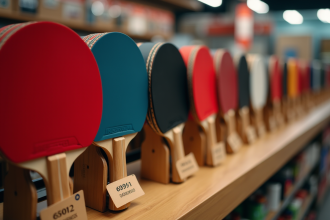 Piles de raquettes de pingpong en bois et carbone sur un comptoir