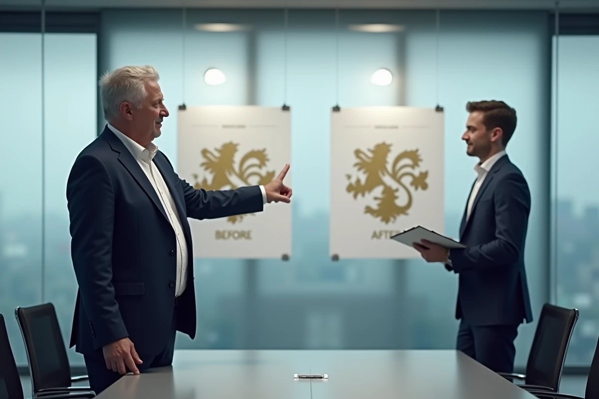 Directeur de club de football présentant la modernisation du blason lors d'une réunion en salle de conférence