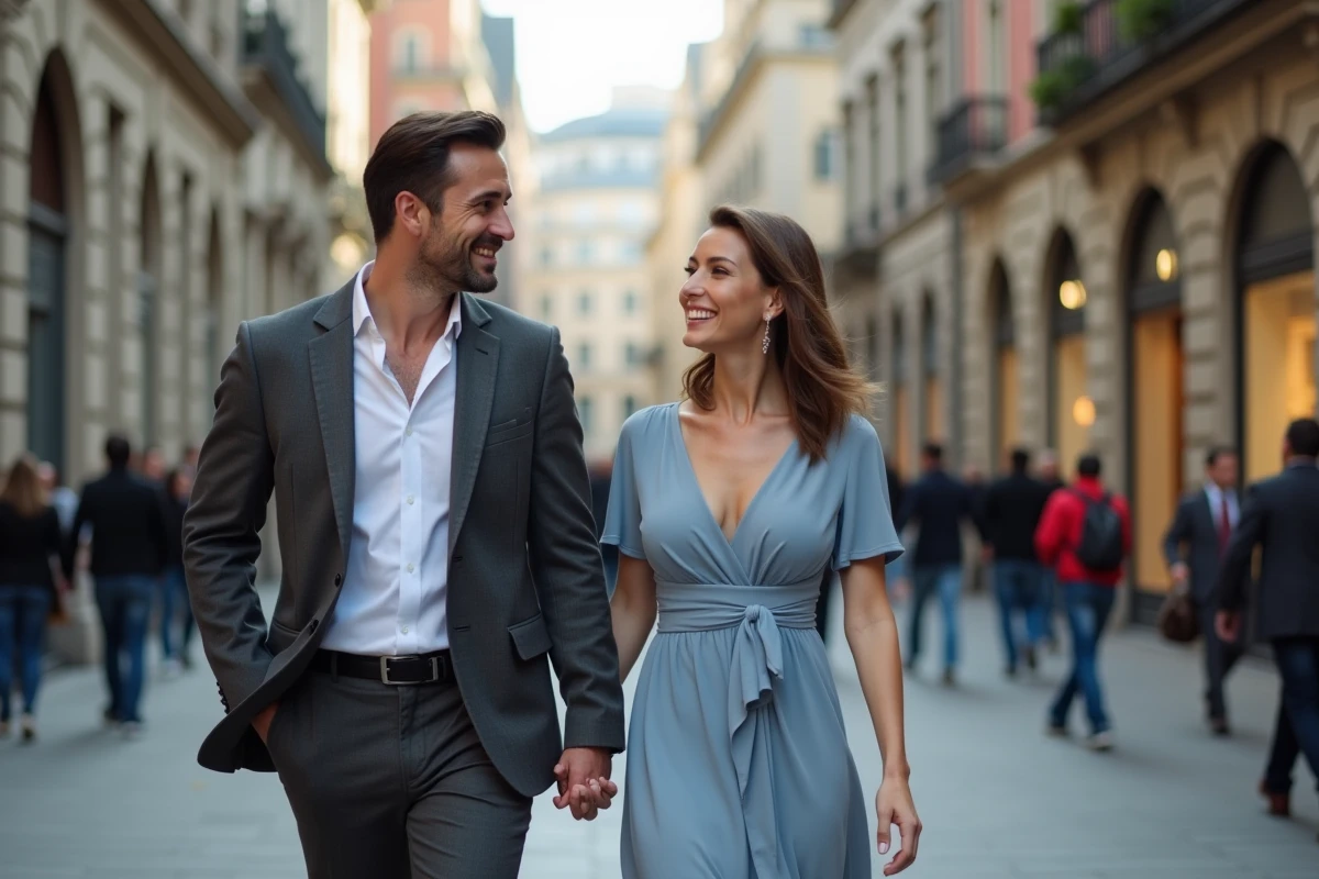 Couple main dans la main dans une place urbaine animée