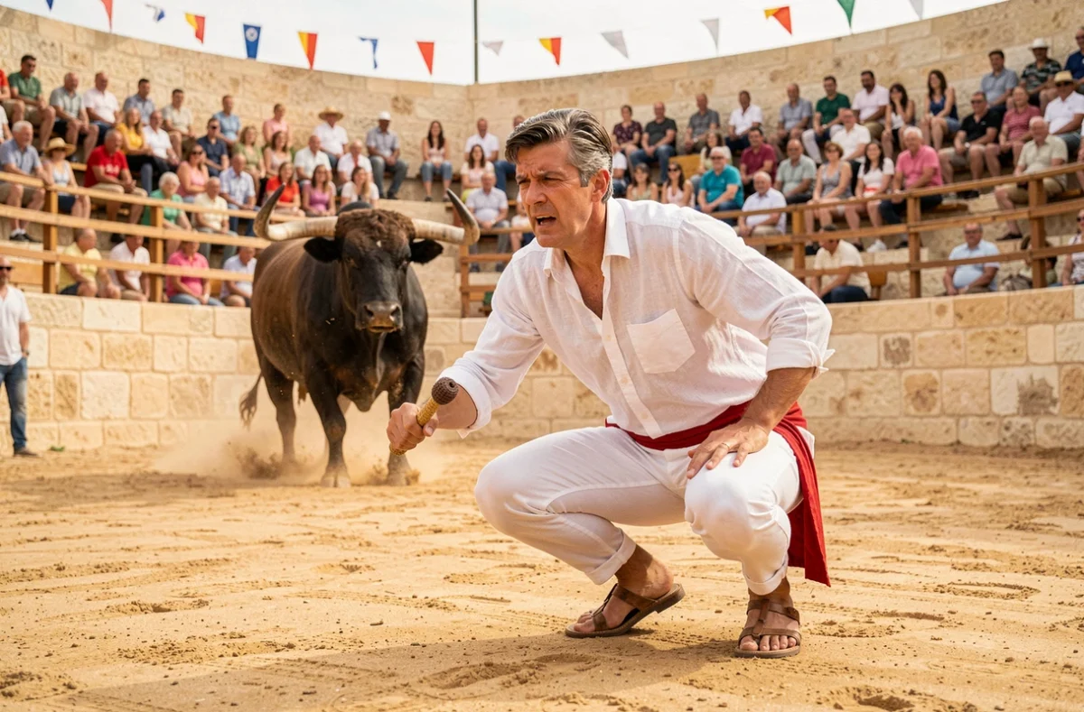 Raseteur en tenue blanche traditionnelle en pleine action dans une arène de course camarguaise, public en tribune