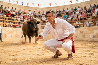 Raseteur en tenue blanche traditionnelle en pleine action dans une arène de course camarguaise, public en tribune