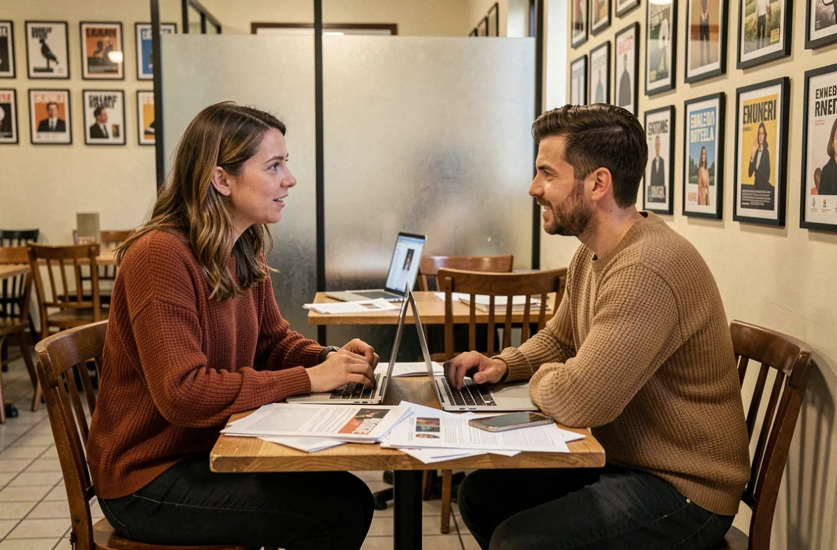 Deux rédacteurs discutant du ton et des choix éditoriaux d'une publication dans un café de quartier