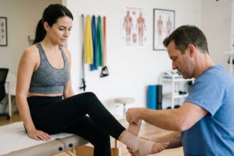 Physiothérapeute bandant la cheville d'une sportive en cabinet de rééducation