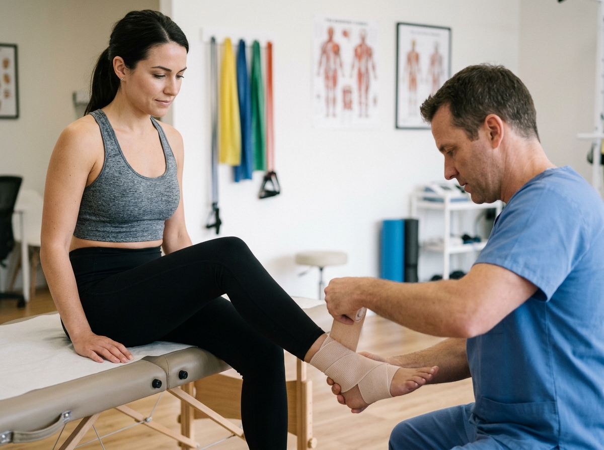 Physiothérapeute bandant la cheville d'une sportive en cabinet de rééducation