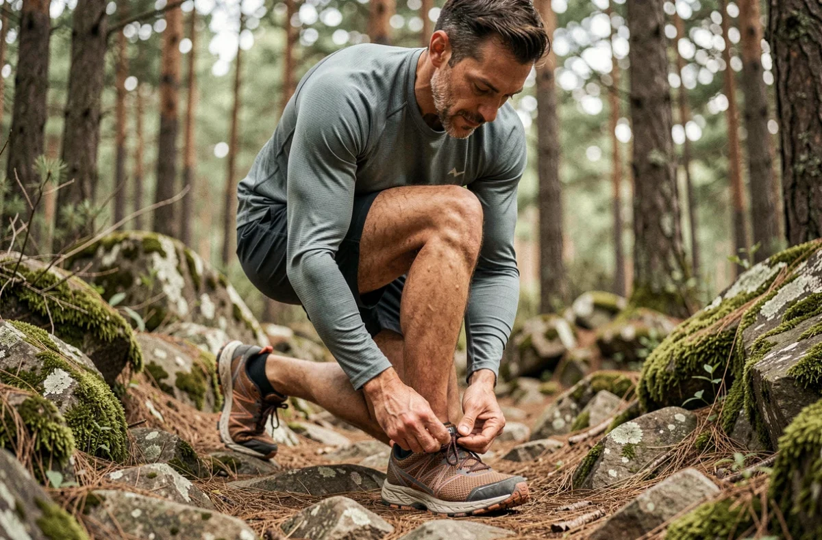 Coureur ajustant les lacets de sa chaussure de trail en forêt avant une sortie running