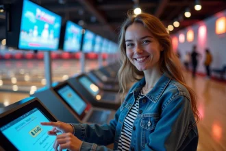 Jeune femme réservant une piste de bowling au kiosk