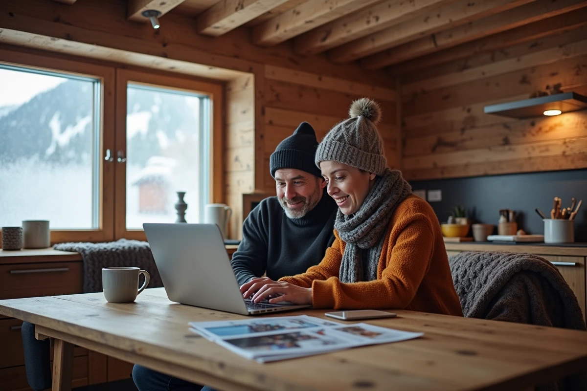 Couple planifiant la réservation d'un forfait saison La Plagne sur internet depuis un appartement de montagne